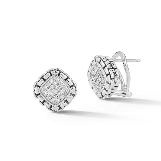 Maharaja Collection PavΓ© Diamond Cushion Stud Earrings with Box Chain Pattern in Sterling Silver (0.23ct)