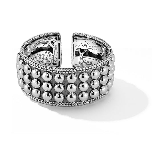 Maharaja Collection Hammered Dot Cuff Bangle with Basketweave Border in Sterling Silver