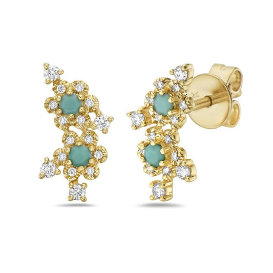 Maharaja Collection Round Turquoise and Diamond Drop Earrings in 14K Yellow Gold (0.30ctw)