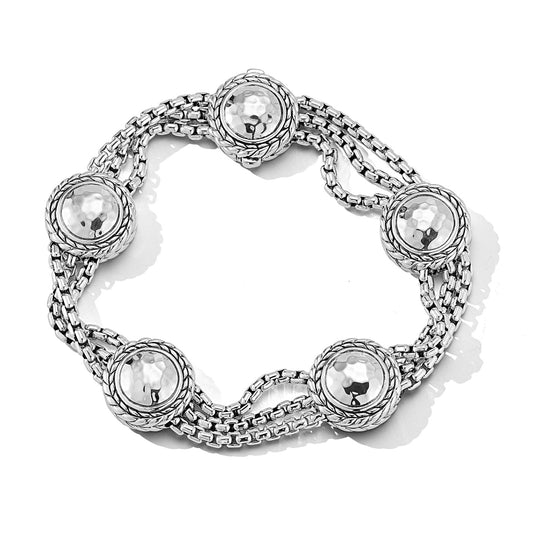 Maharaja Collection Multi Hammered Station Box Chain Bracelet in Sterling Silver