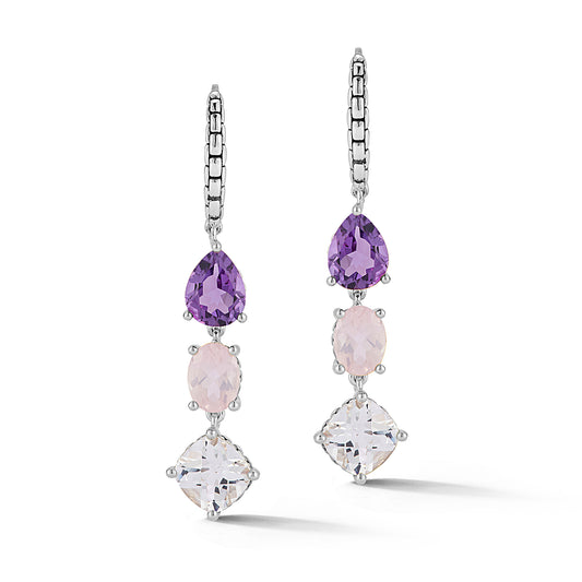 Maharaja Collection Multi Gemstone Dangle Earrings with Amethyst, Rose Quartz and White Topaz in Sterling Silver