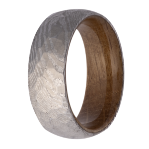 Maharaja Collection Dome Hammer Wedding Band with Whiskey Barrel Wood Sleeve in Sterling Silver