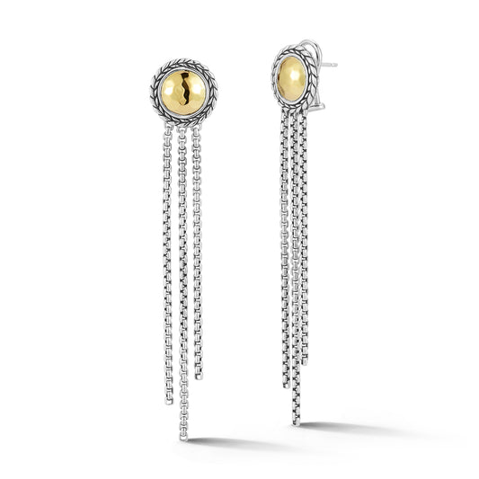 Maharaja Collection Hammered Dangle Earrings with Box Chain Fringe in Sterling Silver and 14K Gold