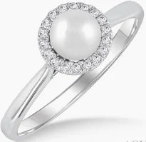 Maharaja Collection Pearl and Round Diamond Halo Ring in 14K White Gold (0.12ctw)