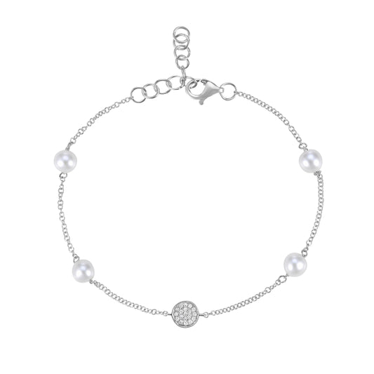 Maharaja Collection Round Diamond and Freshwater White Pearl Bracelet in 14K White Gold (0.05ctw)