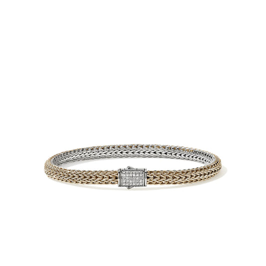 Icon Diamond Pave 5mm Extra Small Reversible Bracelet with Pusher Clasp, Size UM BG in 14Kt Yellow Gold and Silver (0.15ctw)