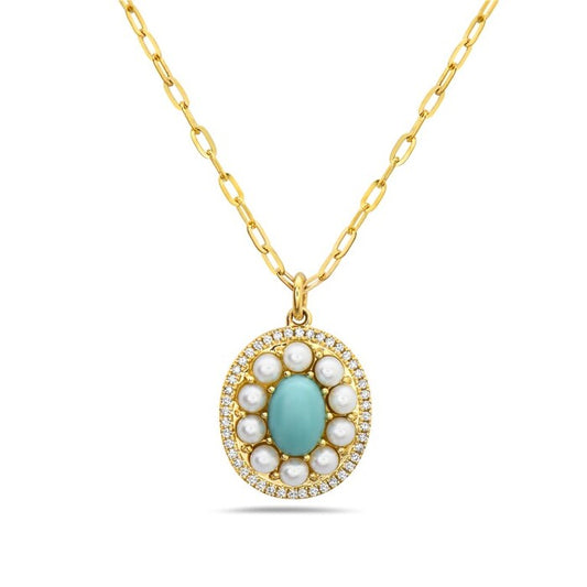Maharaja Collection Turquoise and Diamond Pendant Necklace with Fresh White Pearls in 14K Yellow Gold (1.2ctw)