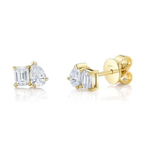 Maharaja Collection Emerald and Pear Diamond Stud Earrings in 14K Yellow Gold (0.84ctw)