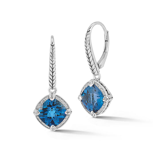 Maharaja Collection London Blue Topaz and Diamond Drop Earrings in Sterling Silver (0.12ct)