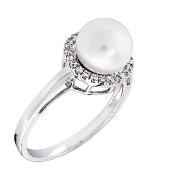 Maharaja Collection Round Diamond and Pearl Halo Ring in 14K White Gold (0.15ctw)