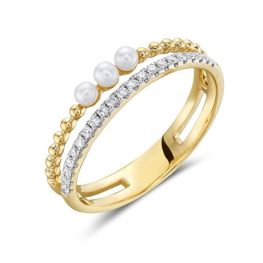 Maharaja Collection Round Diamond and Freshwater White Pearl Split Shank Ring in 14K Yellow Gold (0.18ctw)