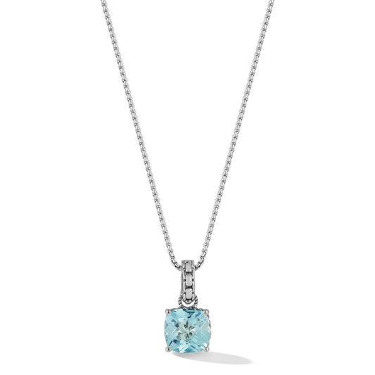 JAI Sterling Silver Gemstone Box Chain Pendant - Blue Topaz with 1.6mm Box Chain Necklace, Size 18+2"L
