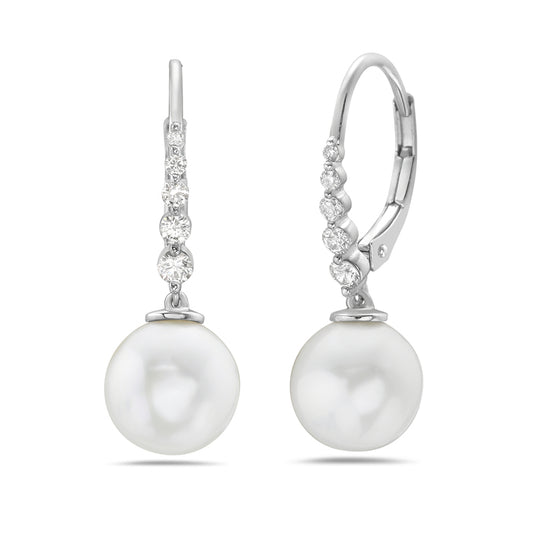 Maharaja Collection Round Diamond and White Pearl Earrings in 14K White Gold (10.75tcw)
