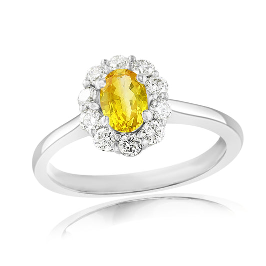 Maharaja Collection Halo Yellow Sapphire and Diamond Ring in 18Kt White Gold (0.86ctw)