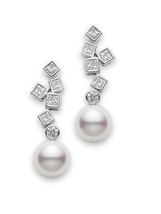 Mikimoto Classic Akoya Pearl and Diamond Drop Earrings in 18K White Gold (0.67tcw)