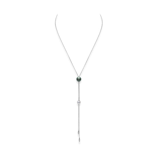 Mikimoto Pearls In Motion Akoya and Black South Sea Pearl Diamond Necklace with 8 Diamonds on a 28" Adjustable Chain (0.07ctw) in 14K White Gold