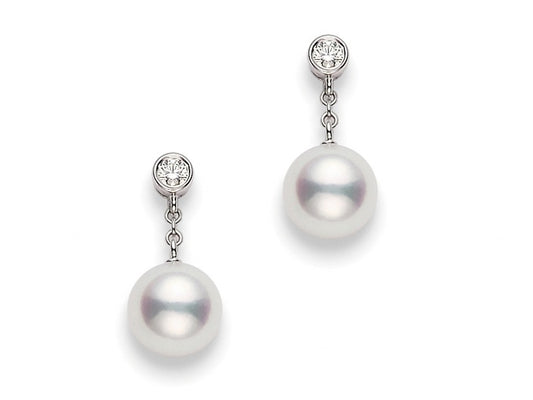Mikimoto Classic Akoya Cultured Pearl and Diamond Drop Earrings in 14K White Gold (0.16tdw)