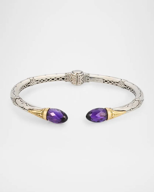 Maharaja Collection Anthos Dagger Dark Amethyst Quartz Hinge Bracelet in Silver