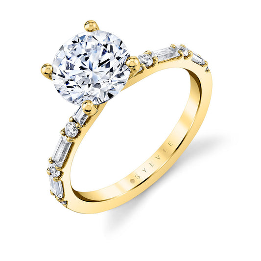 Maharaja Collection Round & Baguette Semi-Mount Solitaire Engagement Ring in 14K Yellow Gold (0.46ct)