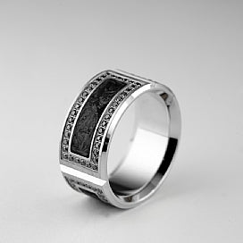 Gent's White 18 Karat Wedding Band Natural Black Carbon Center & High Polish Edges Size 10 With 114=0.80Tw Round F/G Vs1 Diamonds
11Mm