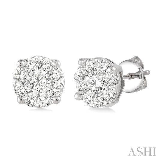 Maharaja Collection Round Diamond Stud Earrings in 14K White Gold (1.00ctw)