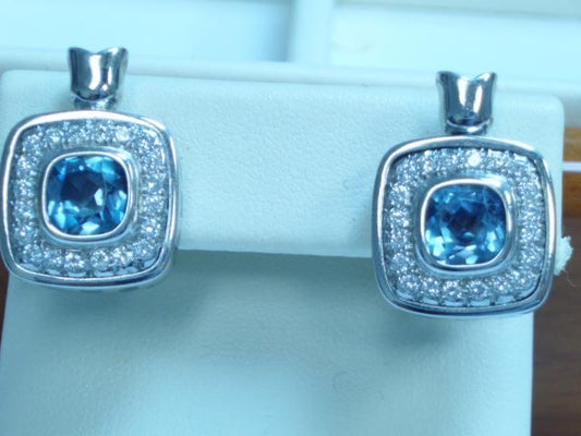Maharaja Collection Round Blue Topaz and Diamond Button Earrings in 18K White Gold (4.22ctw)