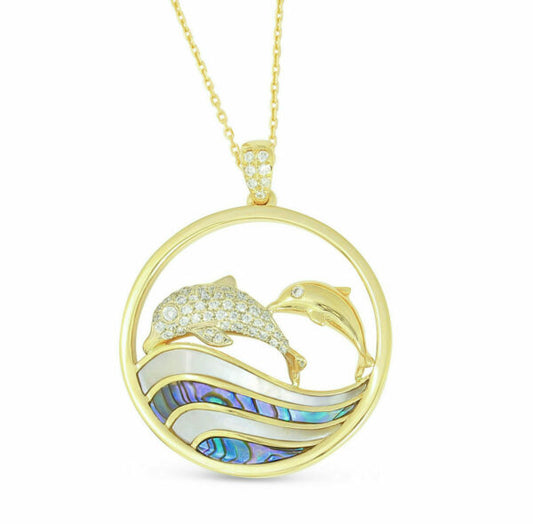 Maharaja Collection Round Diamond Mother & Child Dolphins Pendant Necklace in 14K Yellow Gold (0.19ct)