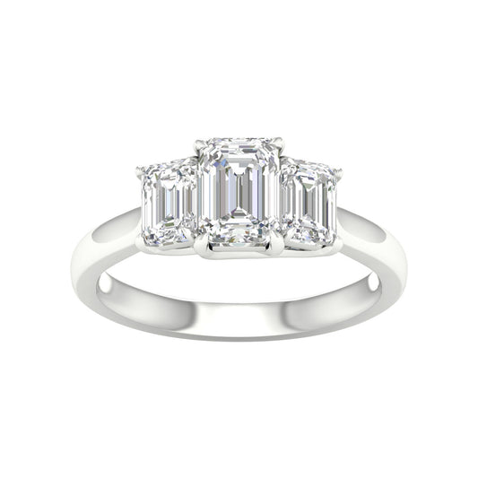Maharaja Collection Three Stone Lab Grown Emerald Cut Diamond Engagement Ring in 14K White Gold (2.00ctw)