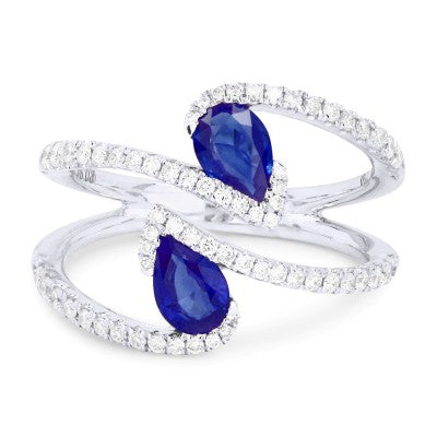 Maharaja Collection Round Diamond and Pear Sapphire Ring in 14K White Gold (1.41ctw)