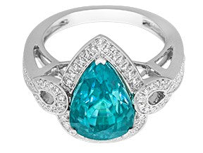 Maharaja Collection Round Diamond and Pear Shaped Blue Zircon Cocktail Ring in 18K White Gold (9.91tcw)