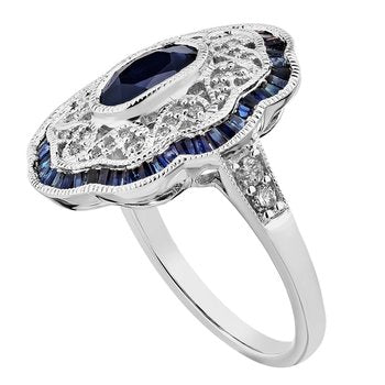 Maharaja Collection Oval Antique Diamond and Sapphire Ring in 14K White Gold (2.50ctw)