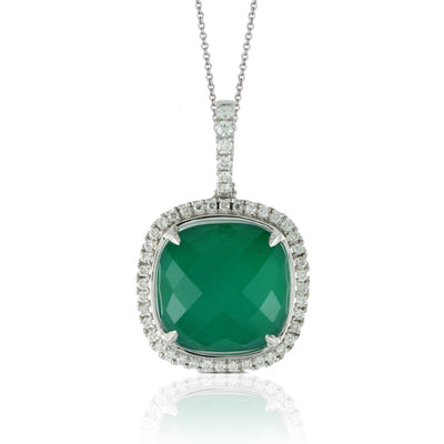 Maharaja Collection Round White Topaz and Emerald Cut Green Agate Pendant in 18K White Gold (7.05ct)