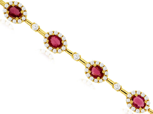 Maharaja Collection Round Diamond and Oval Ruby Bracelet in 14K Yellow Gold (3.85ct)
