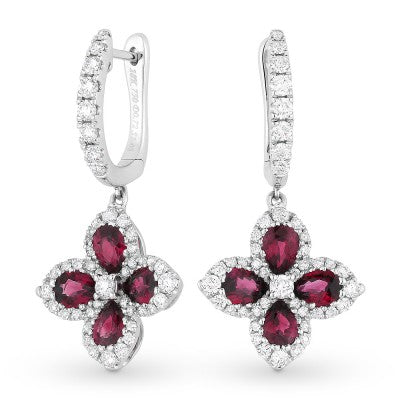 Maharaja Collection Round Diamond and Pear Ruby Drop Earrings in 18K White Gold (1.90ctw)
