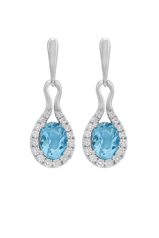 Maharaja Collection Round Diamond and Oval Aqua Drop Earrings in 18K White Gold (3.29ct)