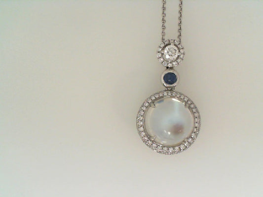 Maharaja Collection Round Diamond, Round Sapphire, and Moonstone Pendant Necklace in 18K White Gold (7.73ctw)