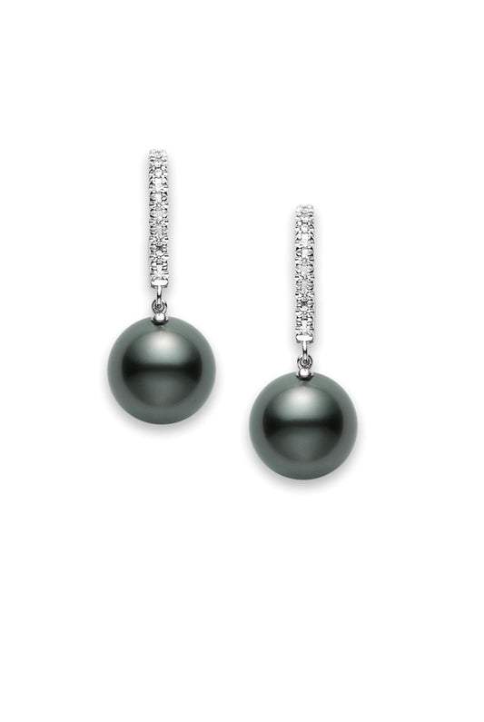 Maharaja Collection Classic Elegance Black South Sea Cultured Pearl Lever Back Earrings With 10mm Pearls and Diamonds in 18K White Gold (0.08ctw)