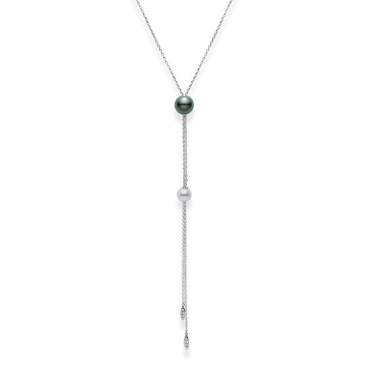 Maharaja Collection Pearls In Motion Akoya and Black South Sea Pearl Diamond Necklace with 8 Diamonds on a 28" Adjustable Chain (0.07ctw) in 14K White Gold