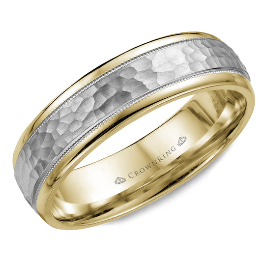 Maharaja Collection Crown Men's Wedding Band in 14K White and Yellow Gold with Frosted Hammered Center (1.6mm Thick, Size 10)