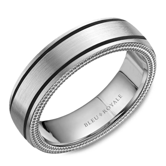 Maharaja Collection Sandpaper Center & Black Ceramic Inlay Men's Wedding Band in 14K White Gold (5.5mm Wide, Size 10)