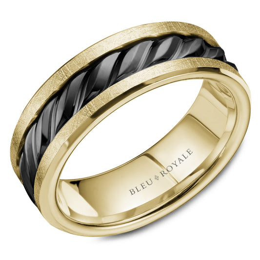 Maharaja Collection Black Rhodium Men's Wedding Band With Diamond Brush Sides in 14K Yellow Gold (2.2mm)