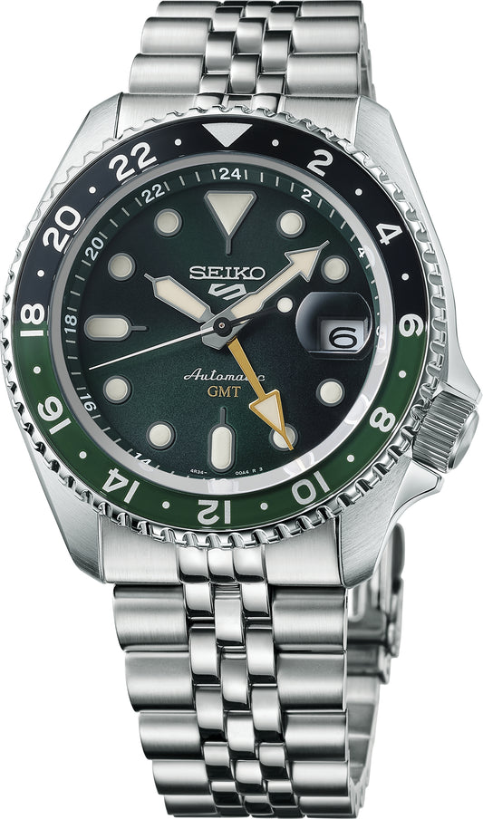 Seiko 5 Sports SSK035 42mm Green Dial GMT Watch in Stainless Steel