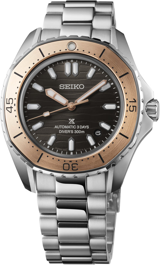 Seiko Prospex SPB485 Luxe Diver Automatic Watch With Gray Dial & Rose Bezel in Stainless Steel