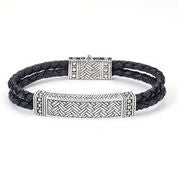 Maharaja Collection Basket Weave Black Leather Bracelet in Sterling Silver