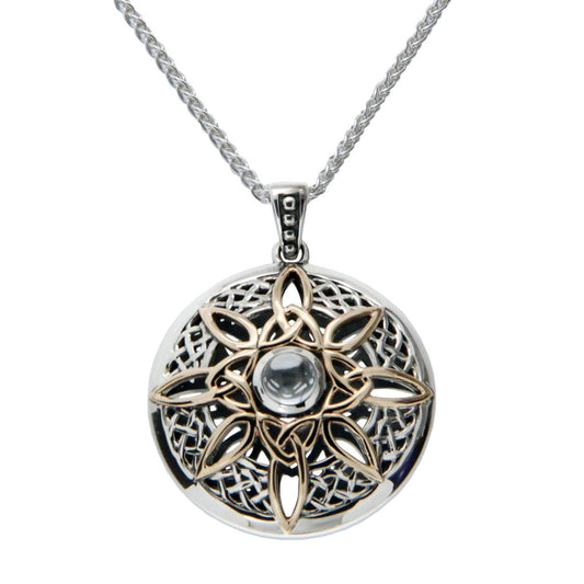 Maharaja Collection Round White Topaz Compass Pendant Necklace in Sterling Silver and 10K Gold