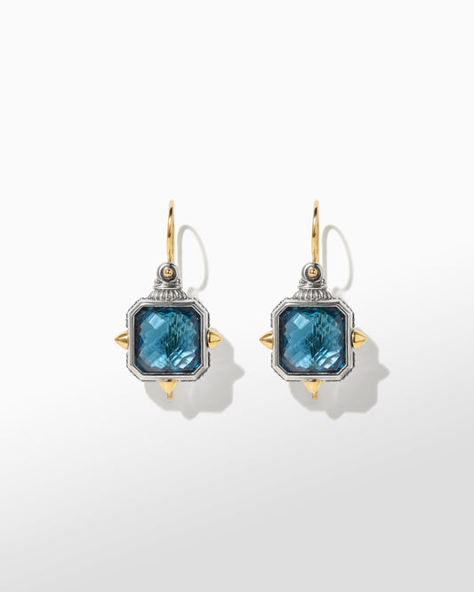 Maharaja Collection Square Wire Earrings with Blue Spinel in Sterling Silver and 18K Yellow Gold