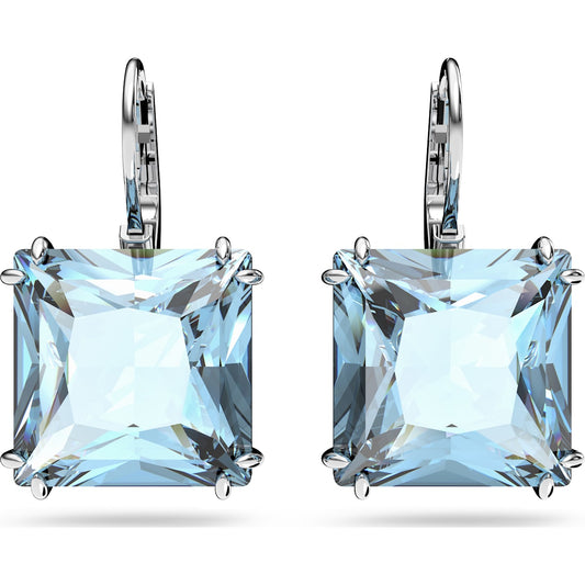 Maharaja Collection Square Cut Blue Crystal Earrings in Rhodium Plated