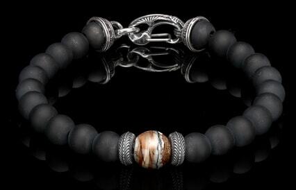 Maharaja Collection Beaded Bracelet with Fossil Mammoth Tooth and Black Onyx in Sterling Silver (Size Large)