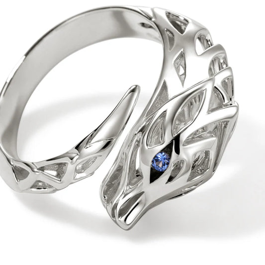 Naga Bypass Ring with Blue Sapphire Eyes, Size 7