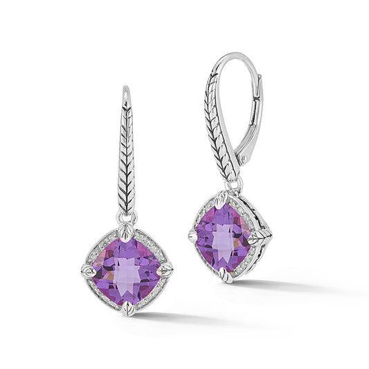 Maharaja Collection Round Amethyst and Diamond Lever Back Drop Earrings in Sterling Silver (0.12ct)
